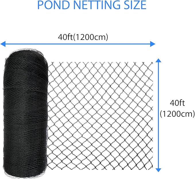 Koi Pond Netting Kit 40 x 40 ft,Black Pond Netting for Koi Ponds Heavy Duty Woven Pond Net for Leaves Reusable Pool Protective Cover Netting Protecting Koi Fish from Birds, Cats and Predators
