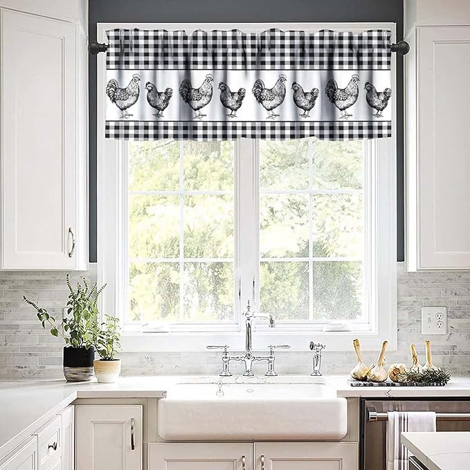 Rooster Valance Curtains Black White Buffalo Plaid Retro Rustic Farm Animals Rod Pocket Curtain Valance for Kitchen Bedroom Living Room Decor 1 Panel W54xL18 Inch