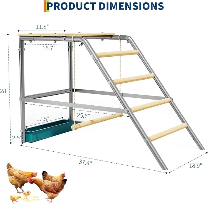 37.4" L x 18.9" W Roosting Bars for Chickens in Coop, Metal Frame Chicken Roosting Bars with Swing, Ladder & Food Box, Chicken Perch for Coop, Backyard, Farm