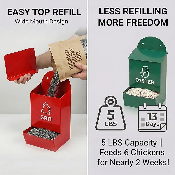 2 Pack No Waste Chicken Grit & Oyster Shell Feeder, Metal Gravity Poultry Dispenser with Rainproof Lids & Drain Holes, Wall Mounted Dual Compartment Mineral Holder, Rustproof