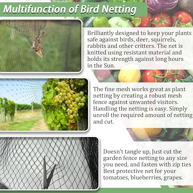 Bird Netting，10 x 30 FT Garden Netting Bird Net for Chicken Coop, Poultry Netting Fence for Fruit Trees, Plants and Vegetables Against Birds, Deer, Squirrels and Other Animals