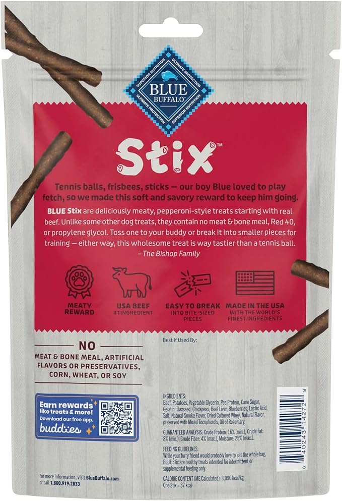Blue Buffalo Stix Natural Soft Moist Dog Treats Beef Recipe Bag