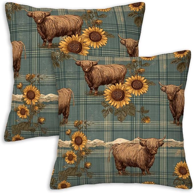 Highland Cow Sunflower Throw Pillow Covers 18x18 Inch, Set of 2 | Rustic Farm Animal Plaid Cushion Cases for Couch & Living Room | Country Farmhouse Home Decor Pillowcases