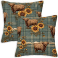 Highland Cow Sunflower Throw Pillow Covers 18x18 Inch, Set of 2 | Rustic Farm Animal Plaid Cushion Cases for Couch & Living Room | Country Farmhouse Home Decor Pillowcases