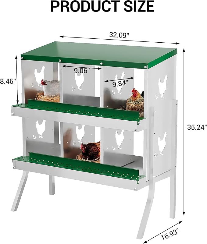 6-Compartment Metal Chicken Nesting Box - with Perch, Secure Lid & Metal Legs, Wall-Mount or Free-Standing Nesting Boxes for Hens