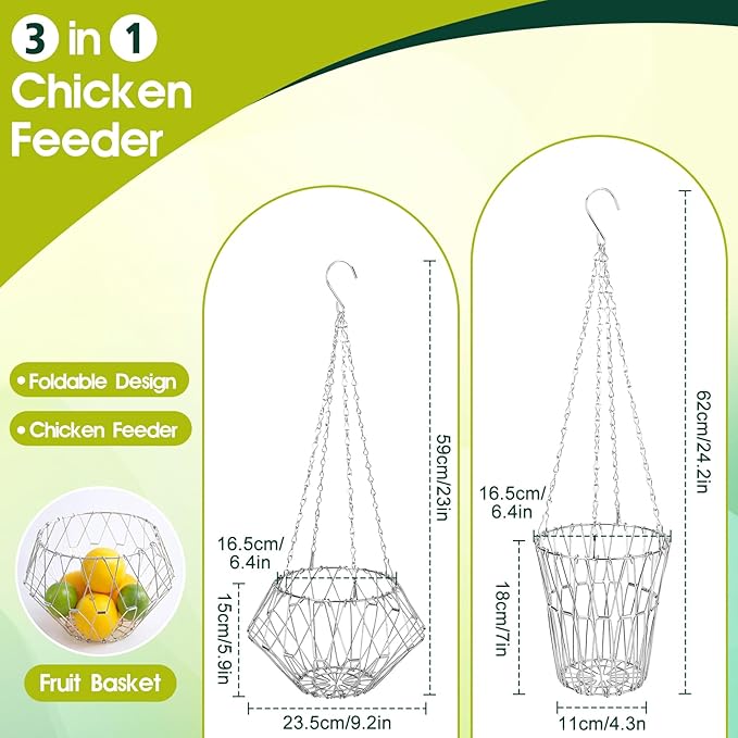2PCS Hanging Chicken Feeders Baskets, Foldable Chicken Toys for Coop Vegetables Fruits Hanging Feeder, Vegetable Basket, Fruit Flower Basket with17inches Chain for Gooses Duck Farm House(2PCS)