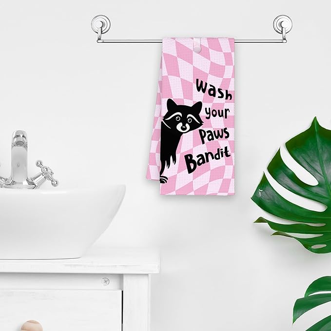 Pink Funny Raccoon Bathroom Kitchen Towels, Wash Your Paws Hand Towel for Girly Room, for Raccoon Lovers, Trendy Preppy Checkered Dish Towels Decor for Dorm Dining Room 16x24in