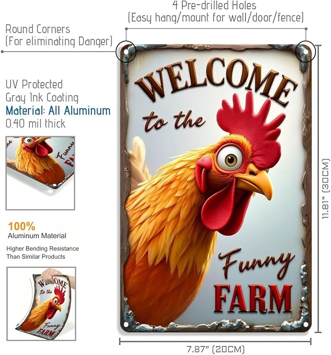 FunnySign Chicken Gifts Rooster Décor Welcome To The Funny Farm Rustic Tin Sign For Home Farm Chicken Coop Decor 8x12 Inch (9707)