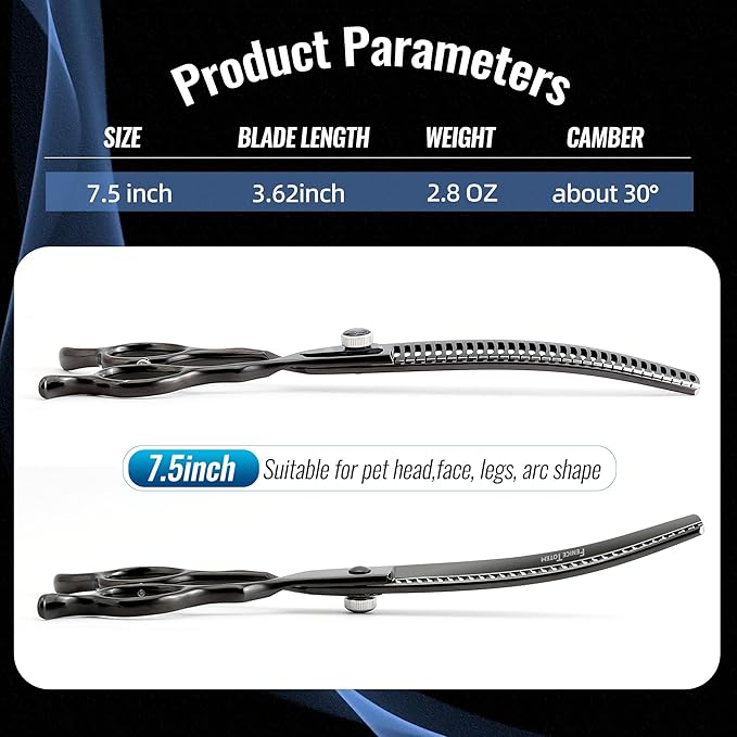 Dog Grooming Scissors: 7.5 inch Bright Black Professional Pet Curved Chunker Shears Made Of Japanese 440C Advanced Stainless Steel for Dogs Cats and Other Pets