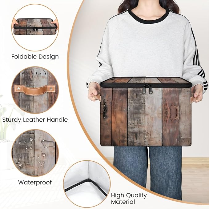 Wood Grain Board Storage Bins with Zipper Lid Fabric Storage Containers for Clothes Collapsible Closet Storage Basket with Metal Frame 2 Pack