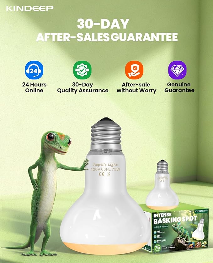 KINDEEP Reptile Basking Light Bulb: 75W Reptile Heat Lamp 2 Pack UVA Daylight Basking Bulb for Amphibian Bearded Dragon Lizard Tortoise Turtle Snake Chicken Pets Heating