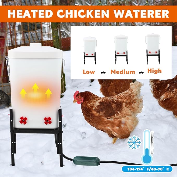 4 Pcs 1.8 Gallon 2 in 1 Heated Chicken Waterer with Heated Stainless Steel Table 18 Pounds Automatic Chicken Feeder Waterproof Outlet Box Pipe Insulation Tape Wrap for Winter Chick Coop