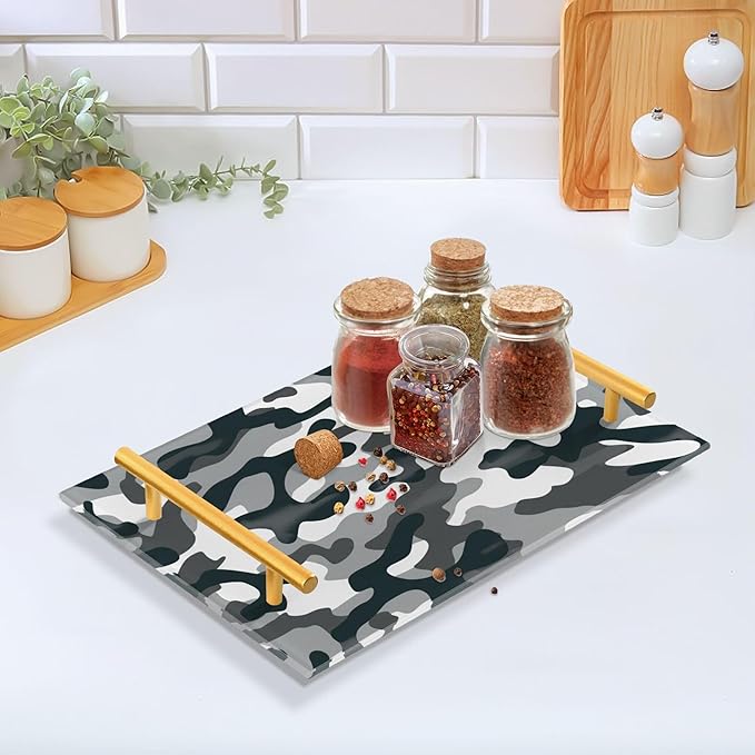 Bathroom Vanity Tray Counter Organizer, Camouflage Black White Pattern Decorative Tray with Handles Countertop Storage for Bathroom Bedroom Kitchen Home Farmhouse