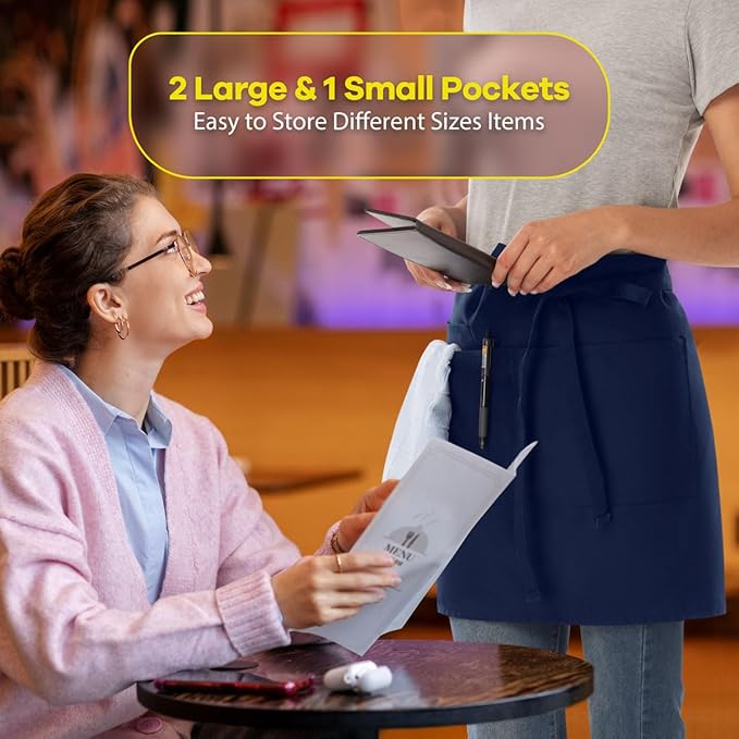 ROTANET Server Apron Black with 3 Pockets 18 Inch Long Waiter Waitress Bistro Half Waist Aprons for Women Men Waterproof