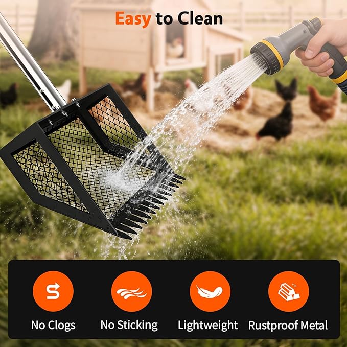 Chicken Poop Scooper, 35–75'' Adjustable Chicken Coop Scoop with Ergonomic Handle, 2-in-1 Scoop Shovel & Poop Rake for Easy Waste Cleaning, Multi-Purpose for Henhouse, Sandpit, Cattle Shed