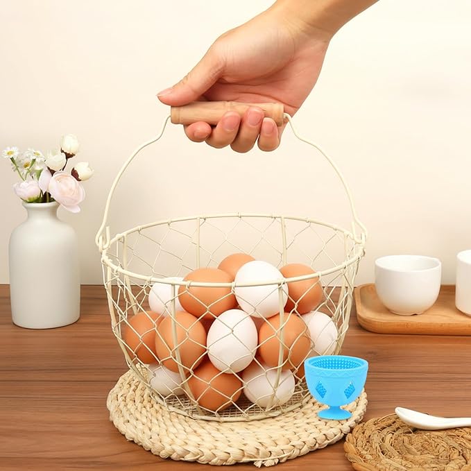 2 Pcs Egg Basket With Handle,Wire Egg Basket for Gathering Fresh Eggs, Round Egg Collecting Basket for Farm,Vintage Style Chicken and Duck Eggs Basket Egg Countertop Storage Container Holder ﻿(White)