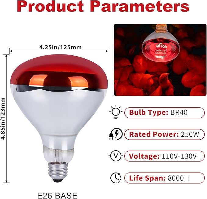 250 Watt Red Heat Lamp Bulbs, Chicken Infrared Incandescent Light Bulb, Brooder Heat Lamps for Chickens, Chicks, Reptile, Pets, Coop, Poultry, Food, Bathroom, Ceiling, E26 Base - 2 Pack