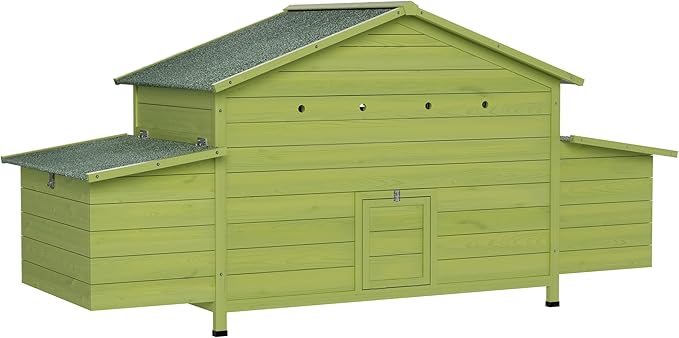 Wooden Chicken Coop for 2-4 Chickens, 69.9" Large Chicken House Poultry Pet Hutch with 2 Sides Nesting Boxes, Outdoor Chicken Tractor with 2 Free-Range Doors Leakproof Tray, Green