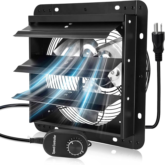 Criditpid 10 Inch Shutter Exhaust Fan with Speed Controller Switch, 820 CFM High Speed Vent Fans, 1700 RPM Wall Mounted Kitchen Exhaust Fans, Vent Fan for Attic, Gable, Shed, Garage Ventilation, Black