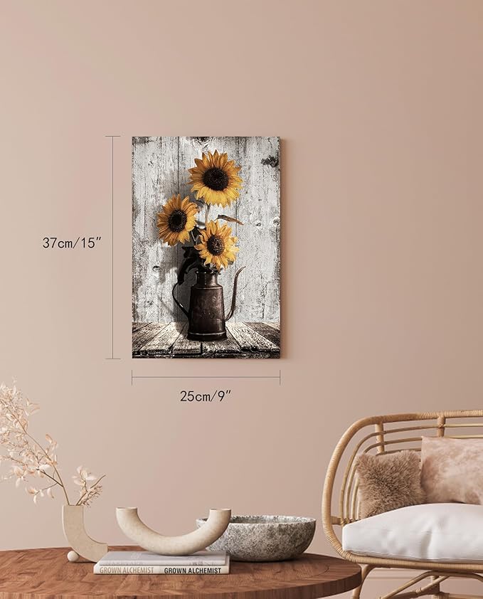 Sunflower Pictures Farmhouse Wall Art: Rustic Sunflower Paintings Canvas Wall Art for Kitchen,Yellow Sunflowers Vintage Poster Hanging Country Wall Decor for Home Living Room Bedroom 10x15 Inches