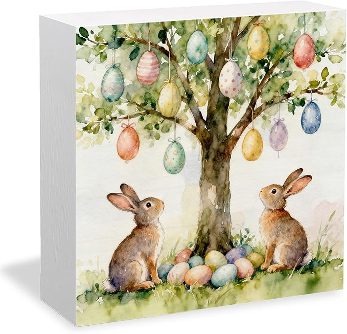 Easter Bunny Egg Tree Wooden Box Sign Desk Decor, Rustic Easter Two Rabbits Colorful Eggs Wood Signs for Bedroom Home Office Desk Table Shelf Decorations, 5x5 Inch