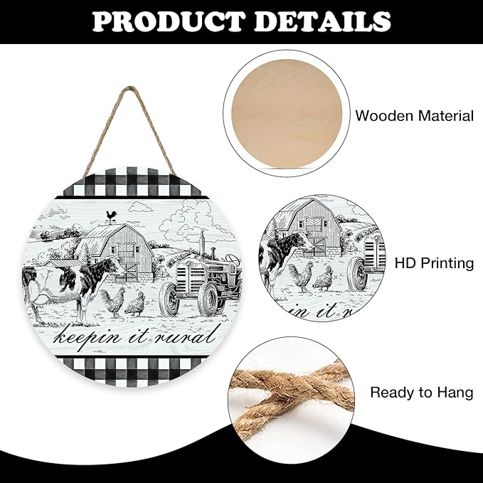 Farm Animals Keeping It Rural Front Door Sign, Farmhouse Cow Chicken Tractor Country Barn Wood Plaque Hanger Home Decor, Rustic Plaid Wooden Wreath Wall Hanging Decoration Gifts for Farmers