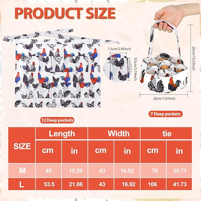 Egg Collecting Apron and Basket, 12 Deep Pockets Chicken Apron and 7 Deep Pockets Basket
