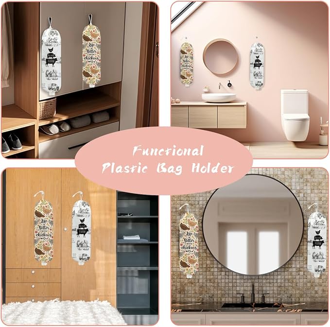 2PCS Farm Animals Plastic Bag Holder, Wall Mount Grocery Bag Holder Plastic Storage bag, Chicken Pig Decor Storage Organizer Grocery Bags with Drawstring, Chicken Gifts for Women Mom Grandma