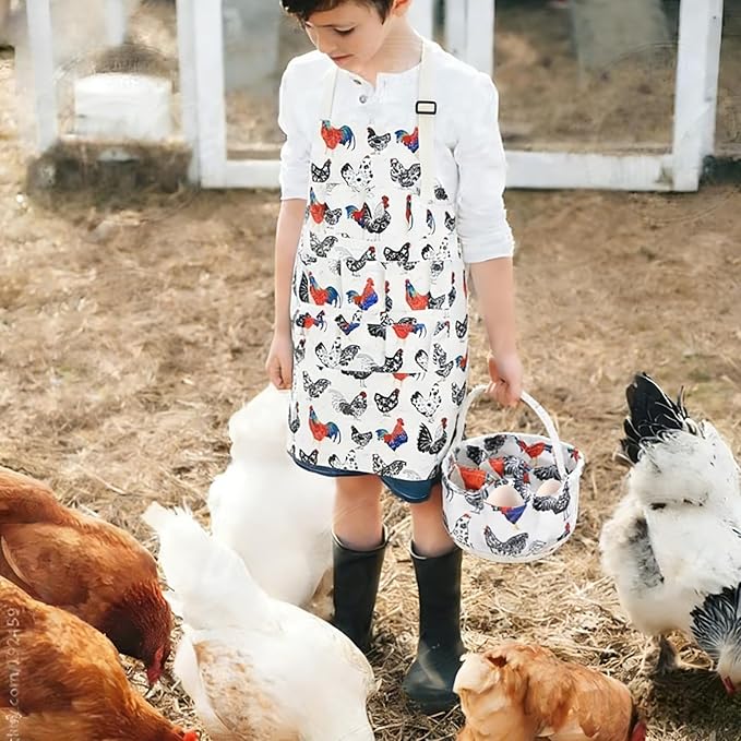 2 Pcs Egg Collecting Apron Chicken Egg Gathering Basket with 7 Pouches, Fresh Egg Holding Apron with 11 Pockets for Farmhouse Kitchen Parent Child Activities, Gift for Grandma/Housewife/Women