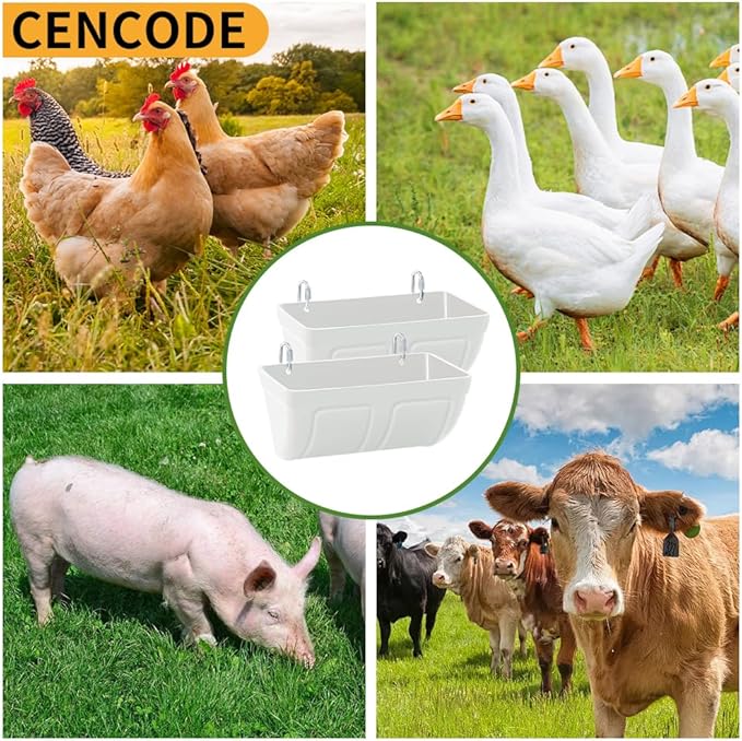 Goat Feeders Hanging 3 Pack 5 Quart, Chicken Waterer Feeder Trough for Poultry Duck Sheeple Coop Dog Livestock Poultry Plastic Trough Bucket, Hanging or Screw-in Fence Feeder with Clips, White