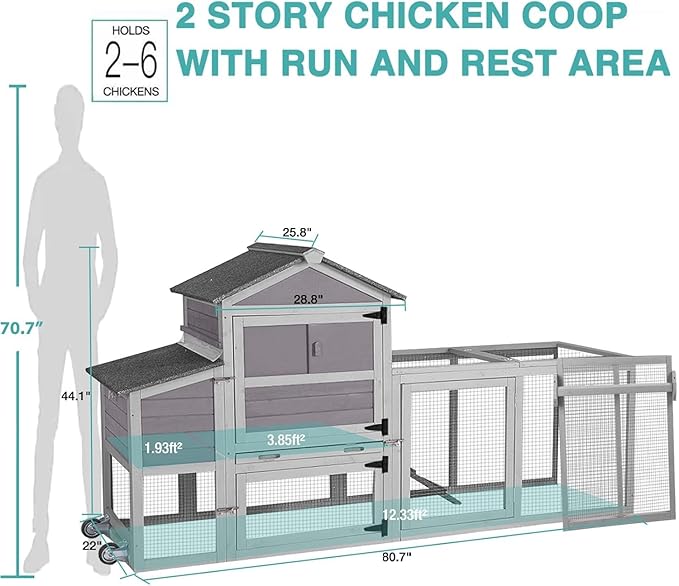 Chicken Coop for 2-4 Chickens, Mobile Chicken House for Outdoor with Wheels, Nesting Box, Leakproof Pull-on Tray and UV-Resistant Roof Panel, Wooden Chicken Coop for Duck
