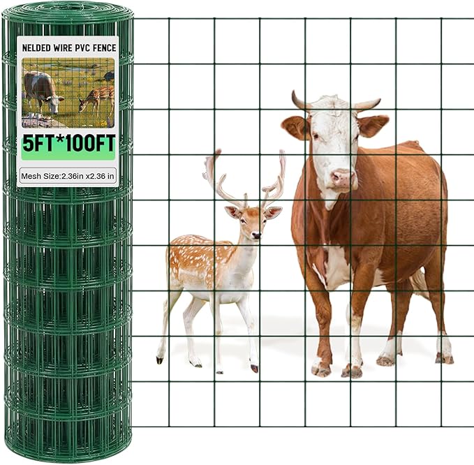 Gisafai Galvanized Welded Wire Fence 5 ft X 100 ft for Dog Chicken Hog Deer Goat Cattle 16GA Garden Border PVC Coated Fencing Roll Border Yard Vegetable Plant Animals Protection Poultry Netting(Green)