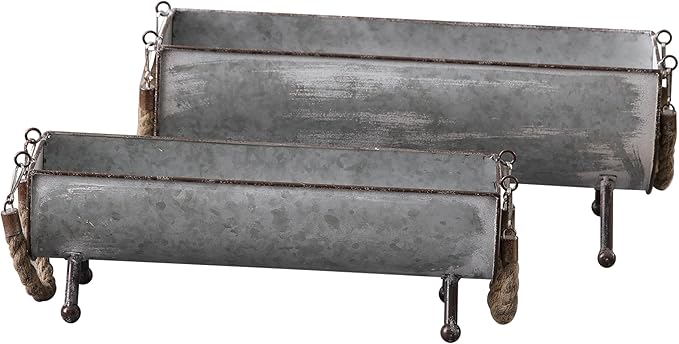 SOFE Poultry Feeder Galvanized Metal Chicken Feeder Set of 2, Farmhouse Chicken Picnic Table Feeder, Chicken Planter, Decorative Galvanized Tray Trough Shaped, 15 and 13 Inches Long