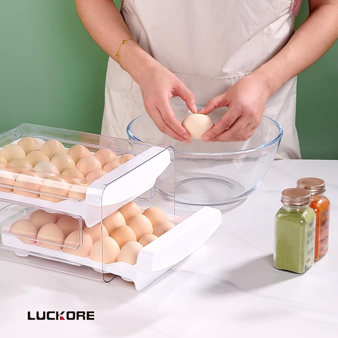 Egg Container Holders Dispenser for Refrigerator 40 Eggs, 2 Tier Clear Stackable Holder Tray with Drawer for Fridge, Storage Container with Handles for Refrigerator, Countertop
