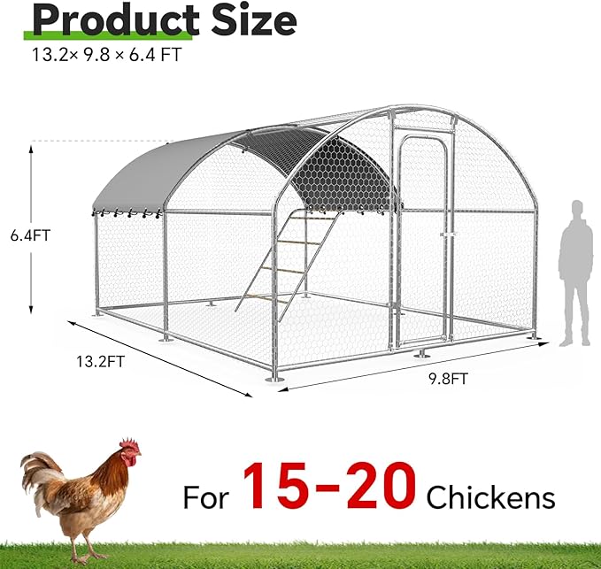 Chicken Coop with Roosting Perch, Large Metal Chicken Hen Run Poultry Cage with Water-Resident Cover for Rabbit Duck House Walk-in Chicken Pen for Yard, Dome Roof(10’ W x 13.2’ L x 6.4’ H)