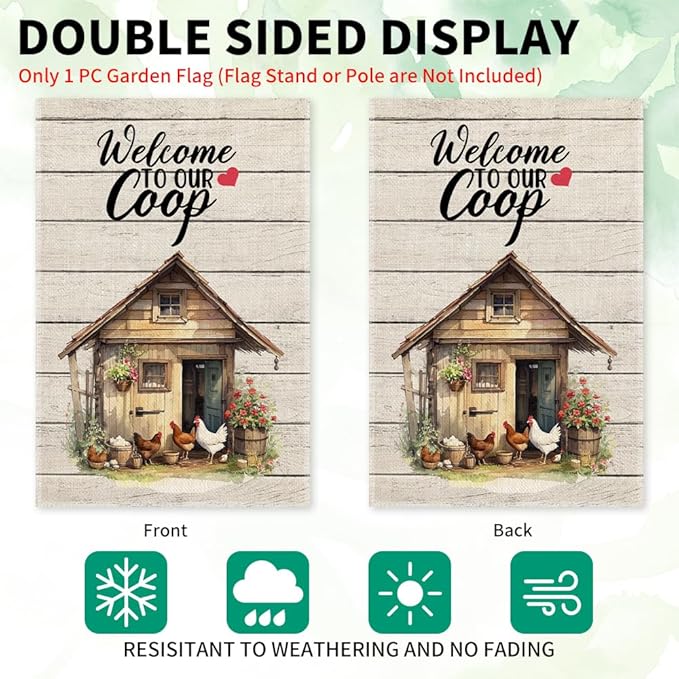 Welcom To Our Coop Garden Flag, 12x18 in Double Sided Farmhouse Chicken Coop Outdoor Decor Yard Flag Gifts, Welcome to the Farm Flags for Chickens Lover, Rustic Chicken Farm Commercial Use