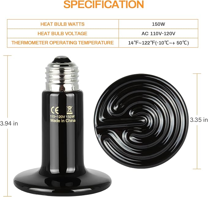 Simple Deluxe 150W Ceramic Heat Lamp Reptile Heat Emitter Heater Lamp Bulb No Light with Free Digital-Thermometer, for Pet Brooder Coop Chicken, Dragon Turtle Lizard Snake Aquarium Tank