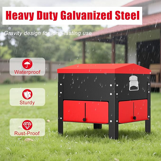 Portable Metal Chicken Feeder, Freestanding Chicken Feeder with Top-Sloped Waterproof Lid, No Waste Gravity Poultry Feeder for Hens and Ducks, 80 lbs Large Capacity
