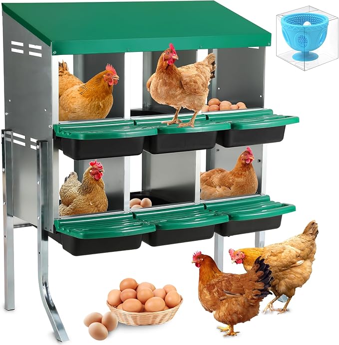 Two-Tier Chicken Nesting Box,6 Hole Metal Chicken Egg Laying Box with Swing Perch and Rollout Egg Collection Protect Eggs