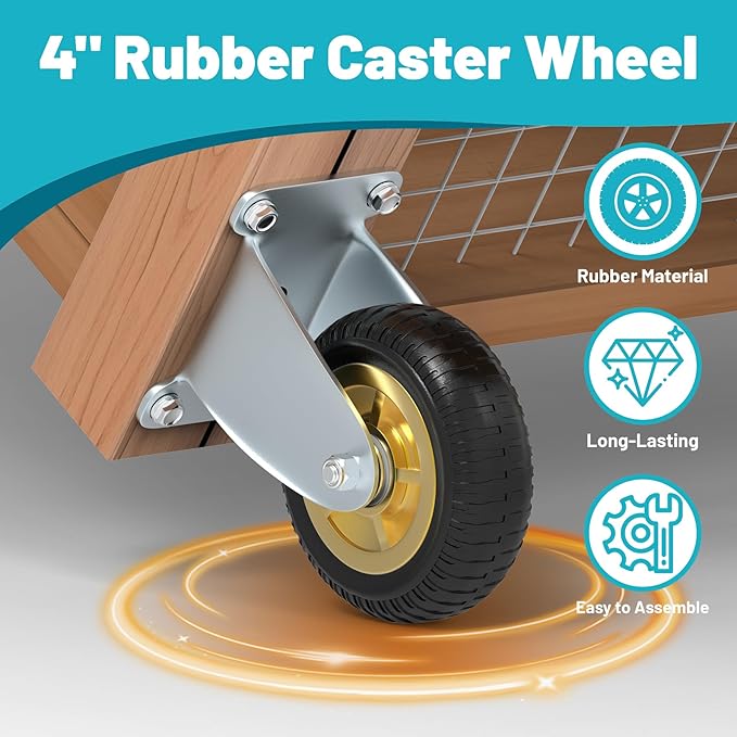 Chicken Coop Wheels Kit, 2 Pack 4" Fixed Caster Wheels & A Pull Handle, Fit for Mobile Chicken Cage, Chicken Tractor & Poultry House, Portable Chicken Coop Accessories, Easy to Use