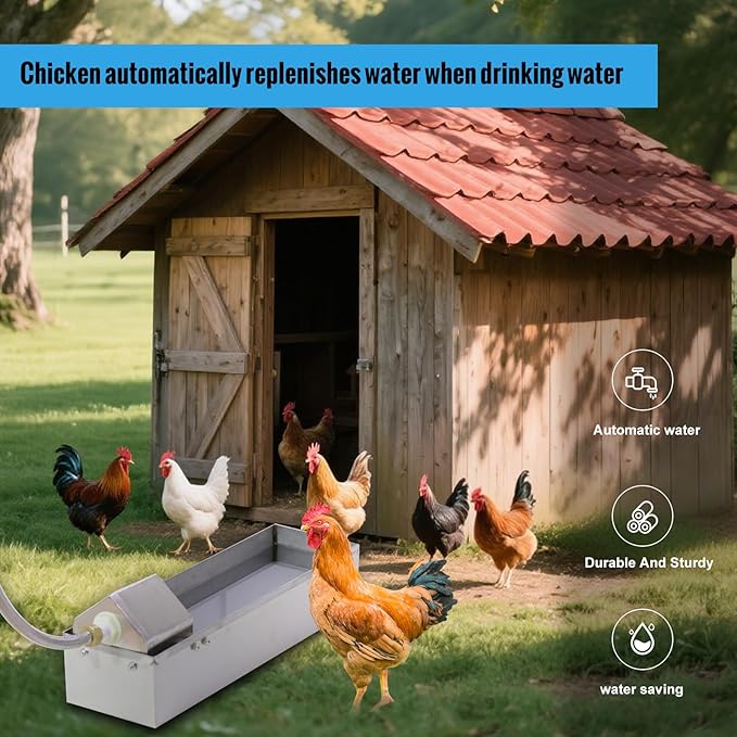 Automatic Chicken Waterer Dispenser 1 Gallon Large Stainless Metal Poultry Waterer Feeder Hanging Chicken Watering System with Float Valve Hose Kit for Pigeon Duck Goose Turkeys for Chicken Coop