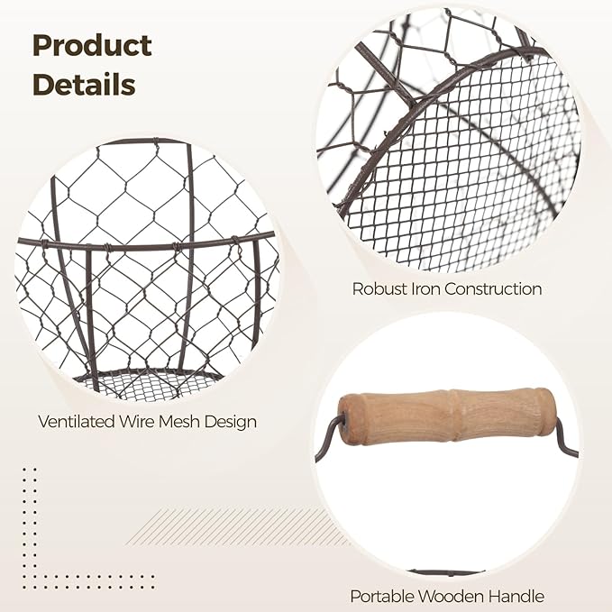 Farmhouse Style Chicken Egg Baskets, 2 Pcs, Metal Egg Holders with Wooden Handle, Stackable Storage for Fruits, Vegetables, and Sundries