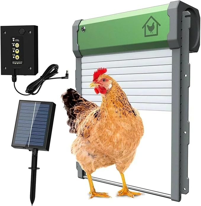 Automatic Chicken Coop Door Solar Powered Aluminum Alloy Chicken Door with Timer/Light Sensor/Remote Control/Manual Mode(Green)