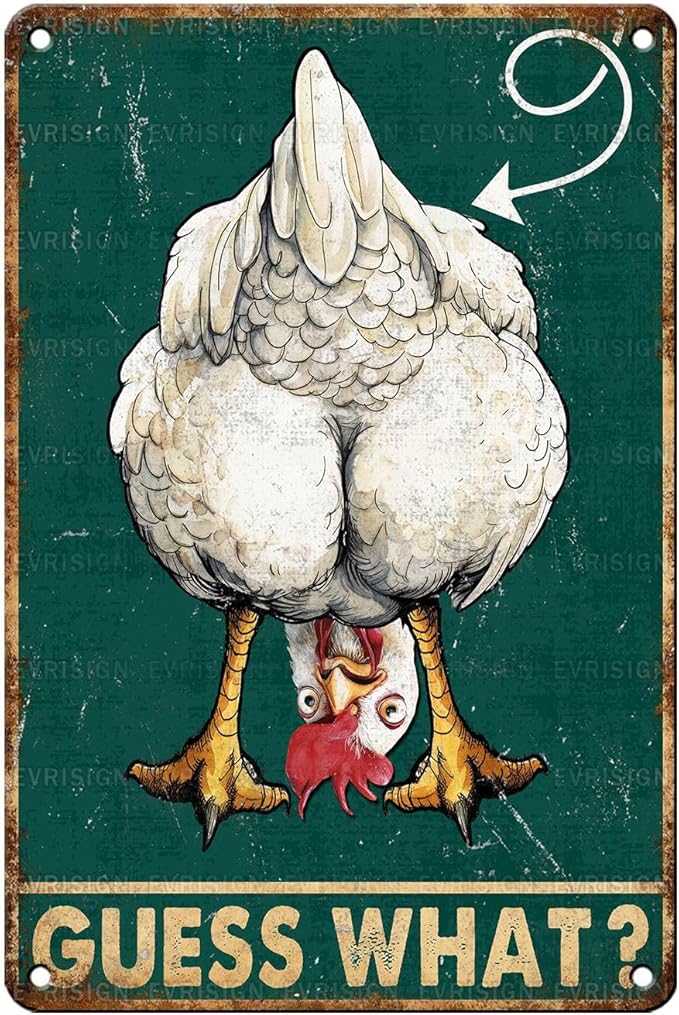 Vintage Chicken Tin Sign Guess What Retro Coop Metal Sign Funny Chicken Lovers Nostalgic Rustic Wall Decor For Home Farmhouse Coop Poultry House Outdoor Kitchen Cafe Bar Yard 12 * 8In