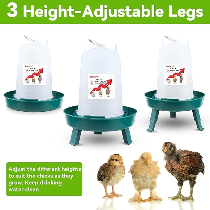 2-in-1 Chick Starter Set: 0.3 Gal Feeder & 0.4 Gal Waterer with Adjustable Legs for Baby Chicks, Hanging Hooks, Anti-Drown Design - BPA-Free Plastic (Green)
