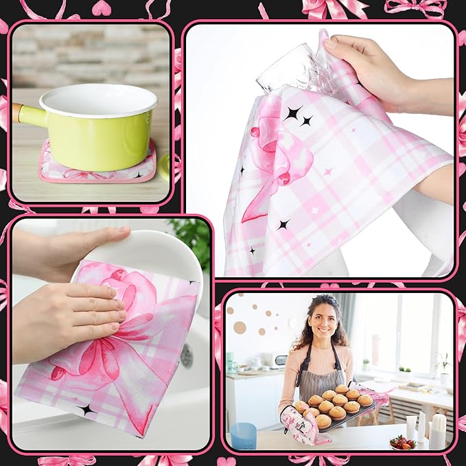 10 Pcs Bow Kitchen Dish Towels Rugs Oven Mitts and Pot Holders Set Farmhouse Kitchen Decor Set for Women Mom Daughter Gift Cooking Baking Grilling(Black, Pink)