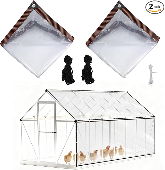 2pcs Chicken Coop Cover, 3.5x2m/11.48x6.56 Feet Waterproof Clear Tarp for Chicken Coop Run Cover with 30 Cable Ties Heavy Duty PVC Pheasantry Runway Wrap for Outdoor Winter Farm