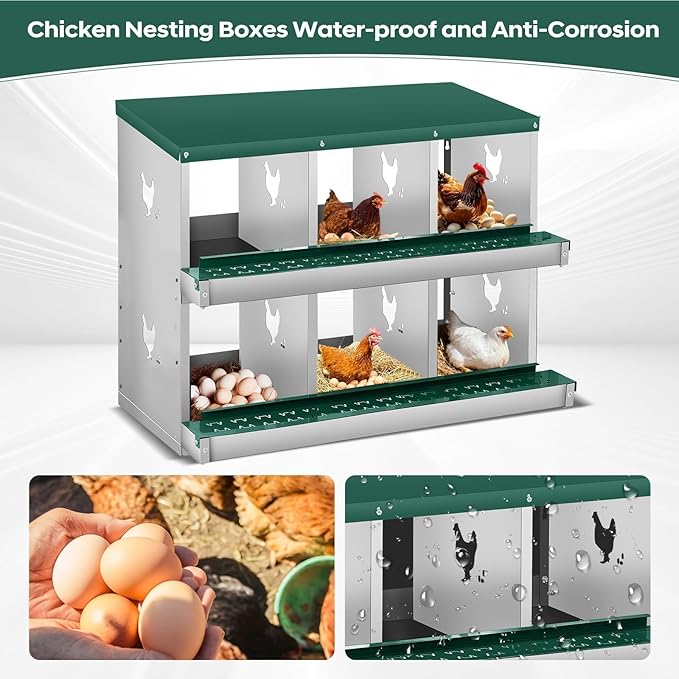 Nesting Boxes for Chickens, 3 Compartments, Nesting Boxes with 4 Dummy Eggs and 10 Dampproof Pets Mats, Green, Stainless Steel, Wall-Mountable & Roll Away Design