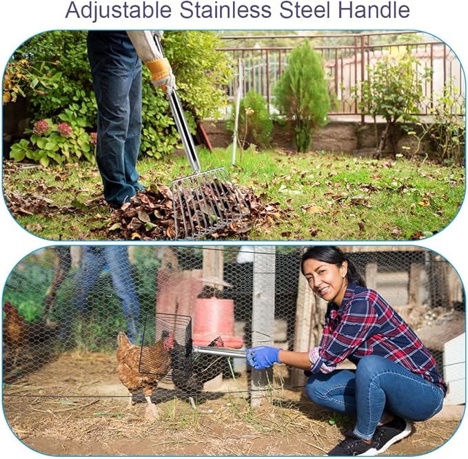 2in1 Chicken Poop Scooper and Rake, 10 Inch Chicken Coop Shovel & Garden Rake with Adjustable Stainless Steel Handle (23 to 55 Inch) for Chicken Coop Cleaning Tools,Garden, Farm, Beach