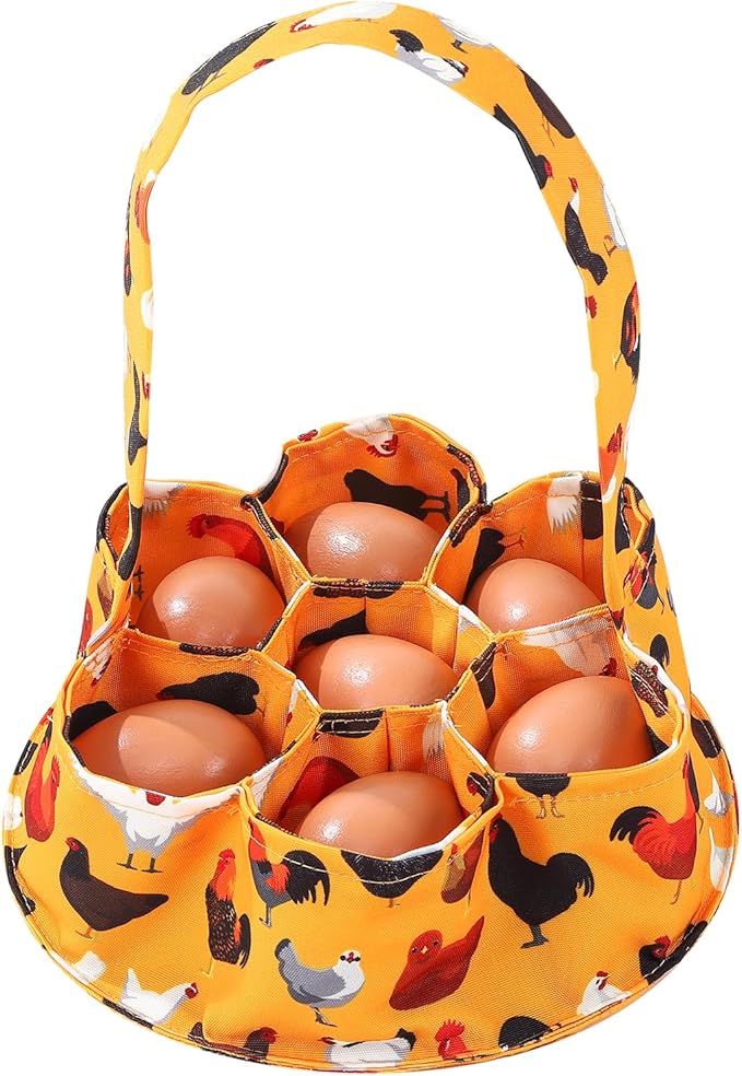 Egg Collecting Basket, Canvas Egg Basket for Gathering with 7 Pouches for Chicken, Duck, Goose, Bird, Various Poultry Collection (Black chicken)